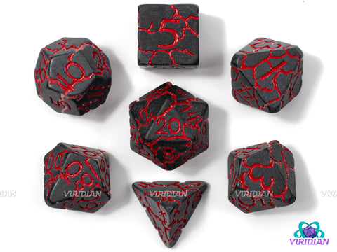 Mustafar | Volcanic Hell, Matte Frosted Grey-Black, Red Lightning Crack Design | Resin Dice Set (7)