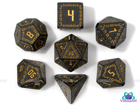 Golden Runes | Matte Black, Gold, Ornate Runic Design | Resin Dice Set (7)