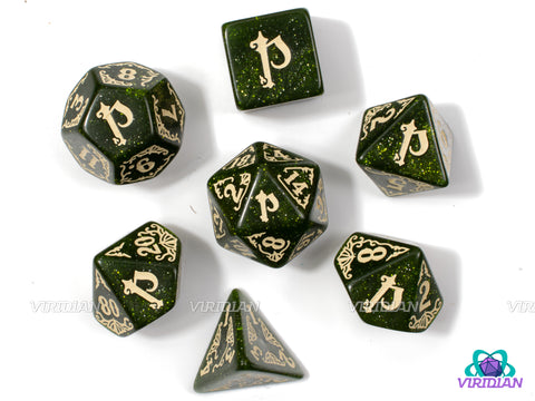 Pathfinder: Arcadia | Glittery Moss Dark Green and Beige, Glitter | Acrylic Dice Set (7)