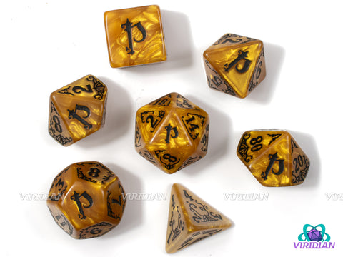 Pathfinder: Azlant | Yellow-Gold Pearled Marble and Black | Acrylic Dice Set (7)