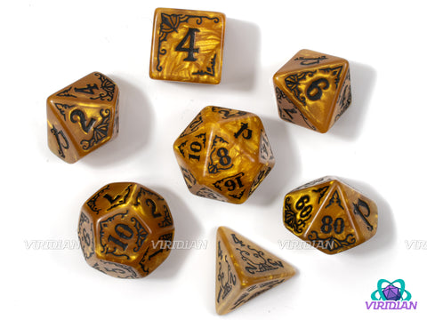 Pathfinder: Azlant | Yellow-Gold Pearled Marble and Black | Acrylic Dice Set (7)