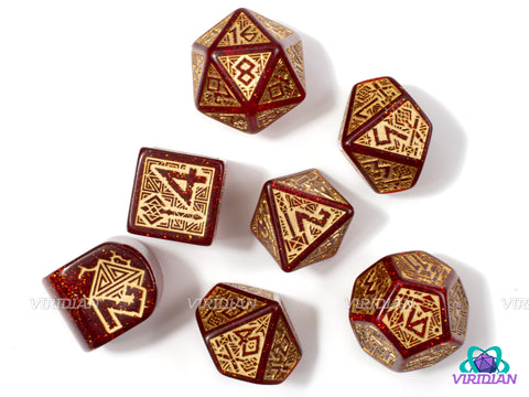 Dwarven: Jewels | Shimmering Ruby Red and Gold, Dwarven Hammer Themed | Acrylic Dice Set (7)