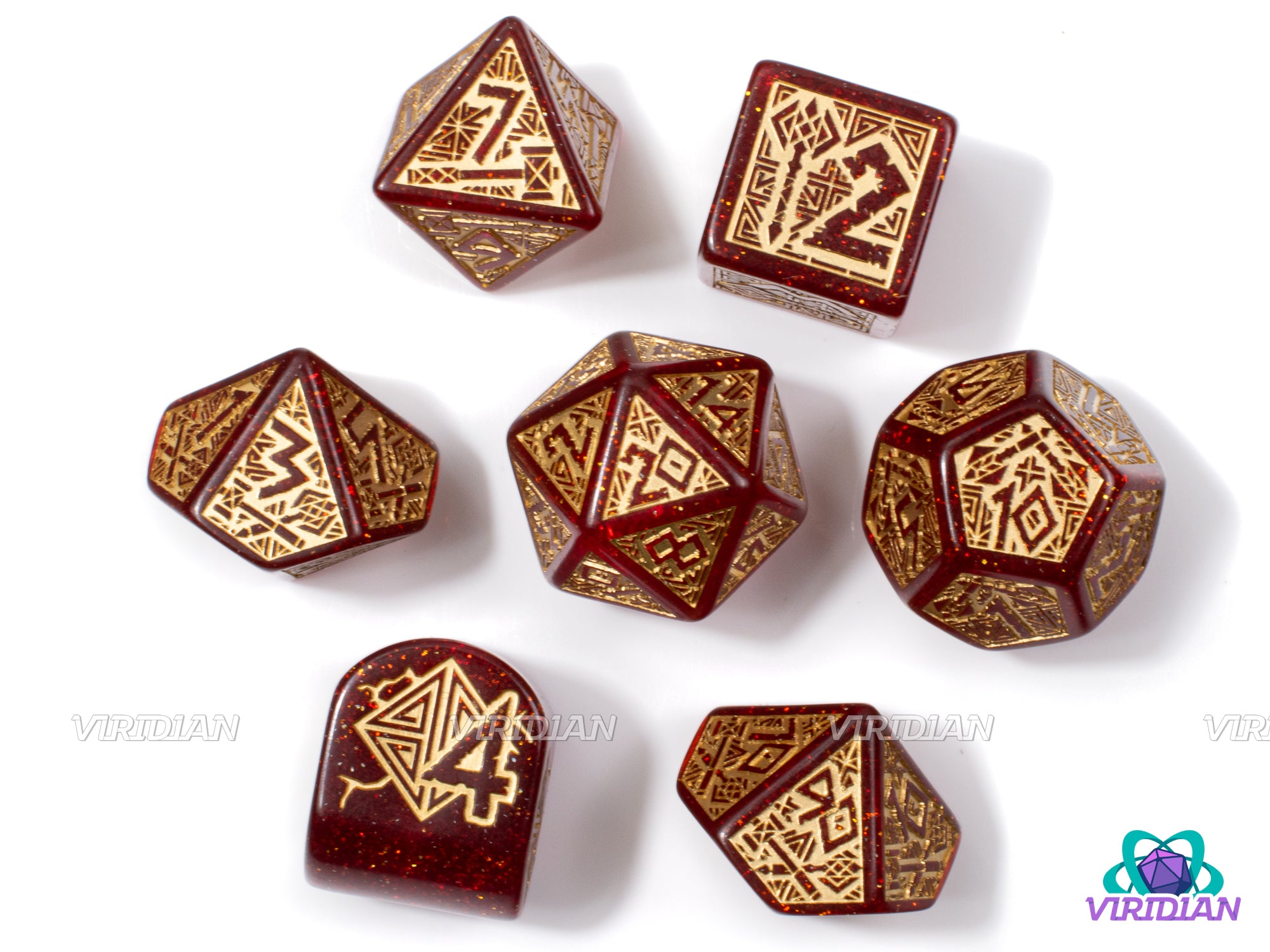 Dwarven: Jewels | Shimmering Ruby Red and Gold, Dwarven Hammer Themed | Acrylic Dice Set (7)