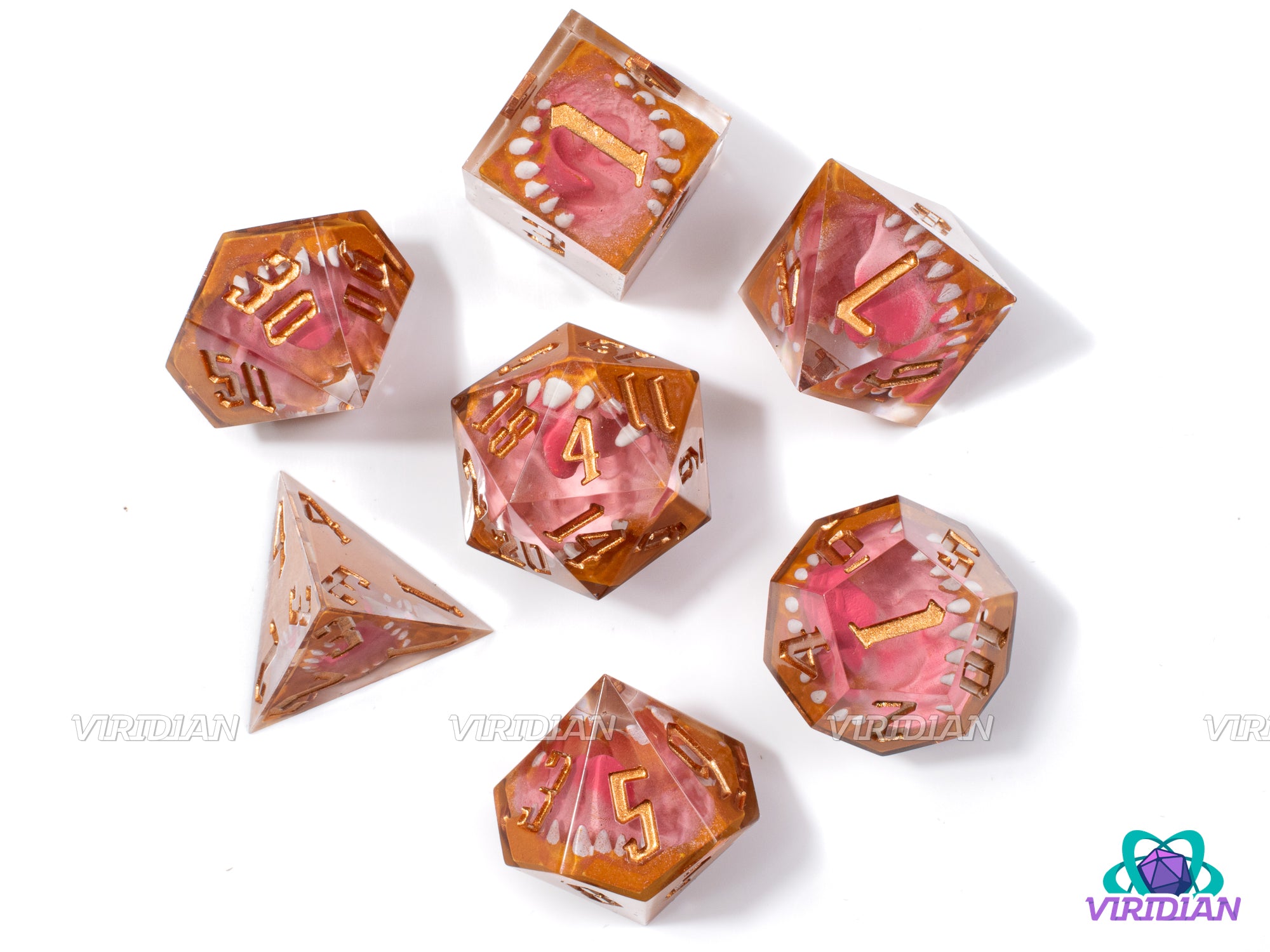 Mimic's Bite | Pink & Red, Transparent, Gold, Sharp-Edged, Mimic Teeth and Mouth | Resin Dice Set (7)