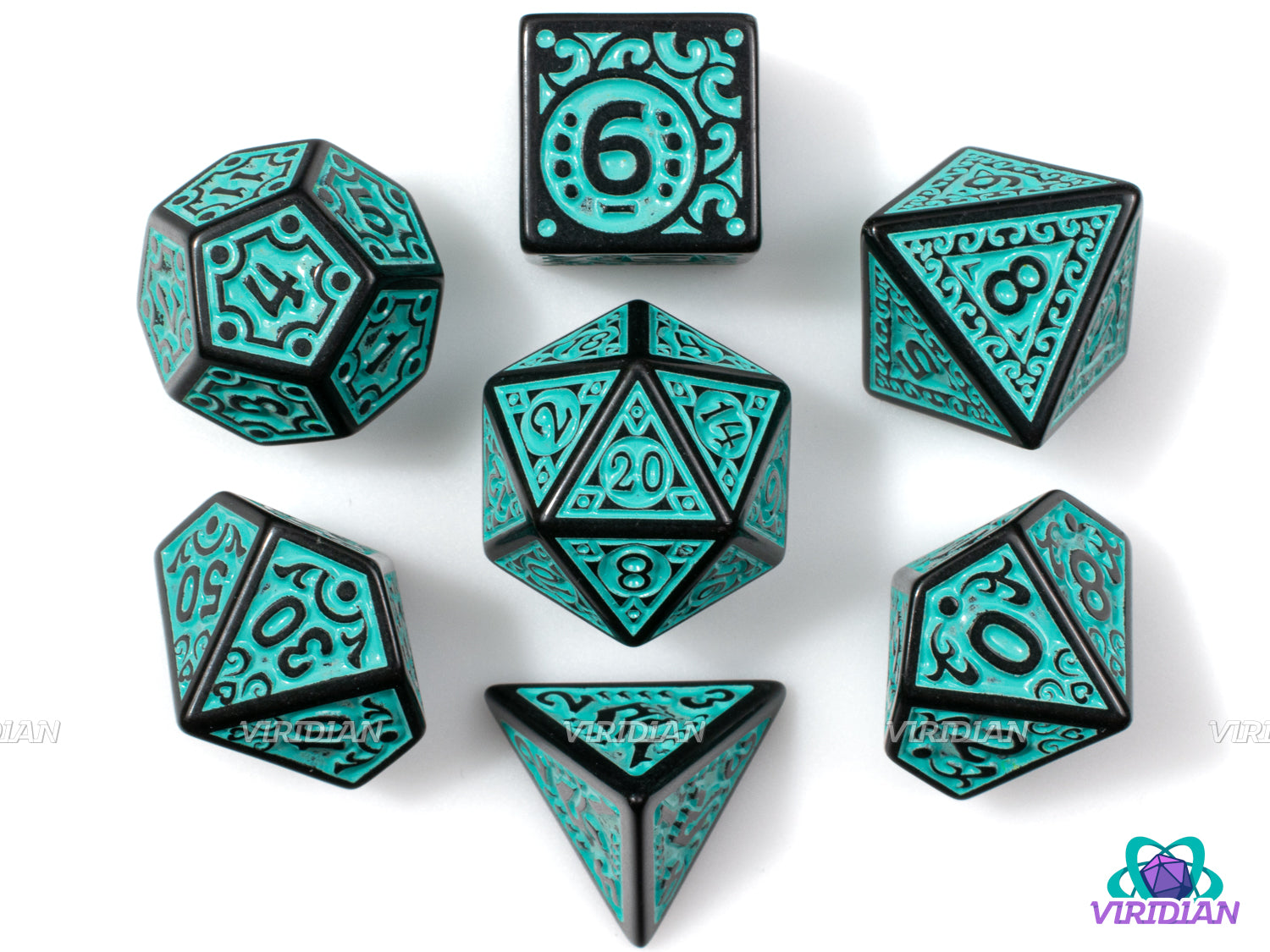 Teal Flame | Black and Turquoise Ornate Design | Acrylic Dice Set (7)