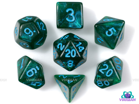 Lake Bottom | Deep Forest Green, Blue Glitter & Ink | Acrylic Dice Set (7)