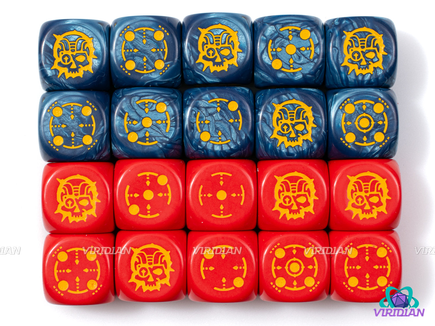 Crosshairs D6 Set | Cobalt Blue & Red Swirls, Yellow Skulls | Wargaming | Acrylic Dice Set (20)