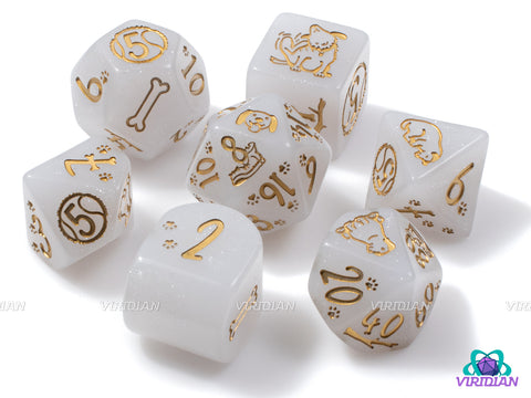 Dogs: Charlie | Dog-Themed Glittery White & Gold | Acrylic Dice Set (7)