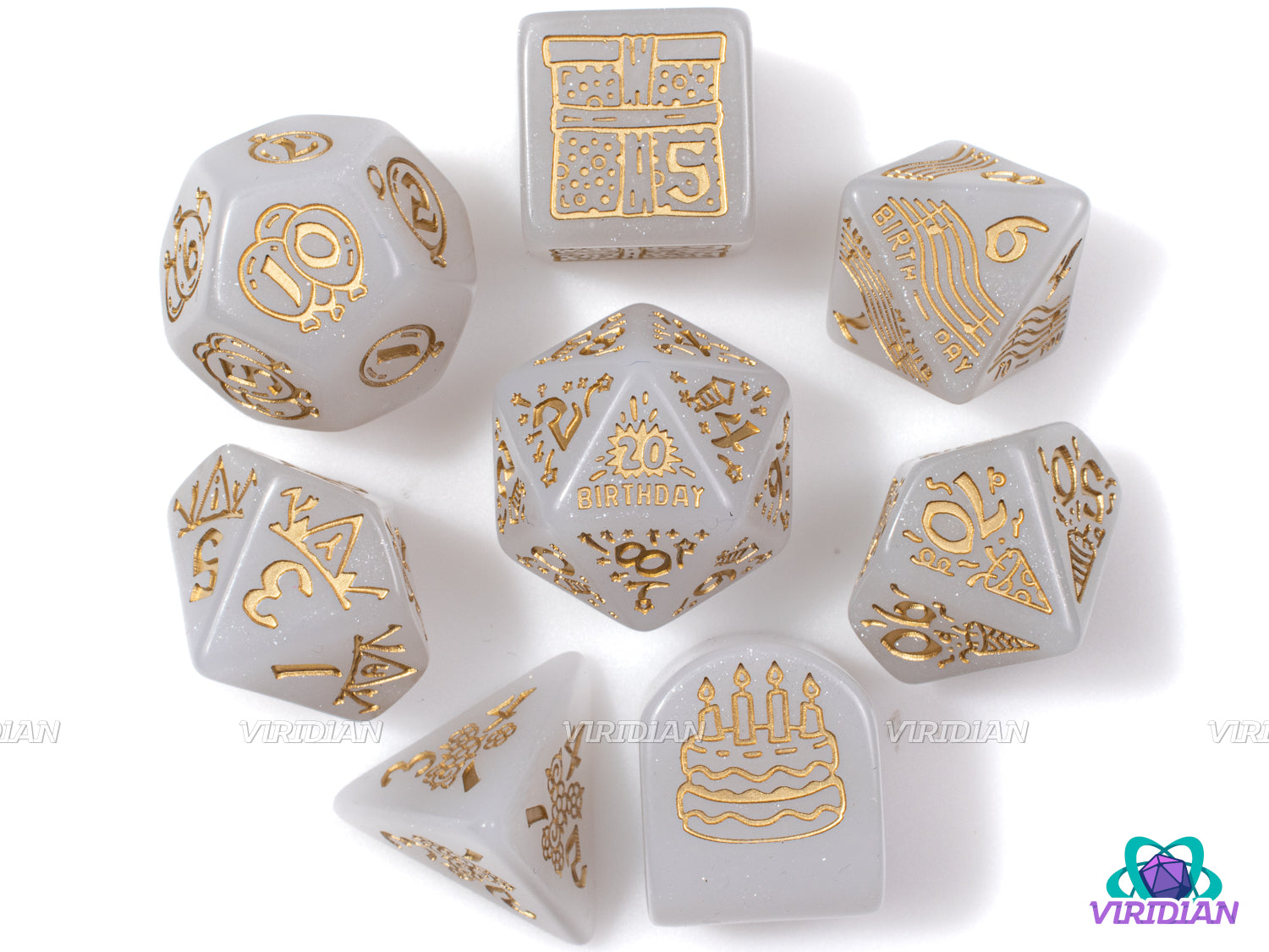 Q-Workshop 20th Anniversary: Happy Birthday! (discontinued) | Glittery White, Metallic Gold, Birthday Themed | Acrylic Dice Set (7)