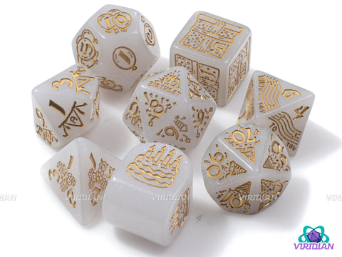 Q-Workshop 20th Anniversary: Happy Birthday! | Glittery White, Metallic Gold, Birthday Themed | Acrylic Dice Set (7)