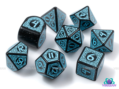 Q-Workshop 20th Anniversary: Viking | Glittery Back & Turquoise | Acrylic Dice Set (7)