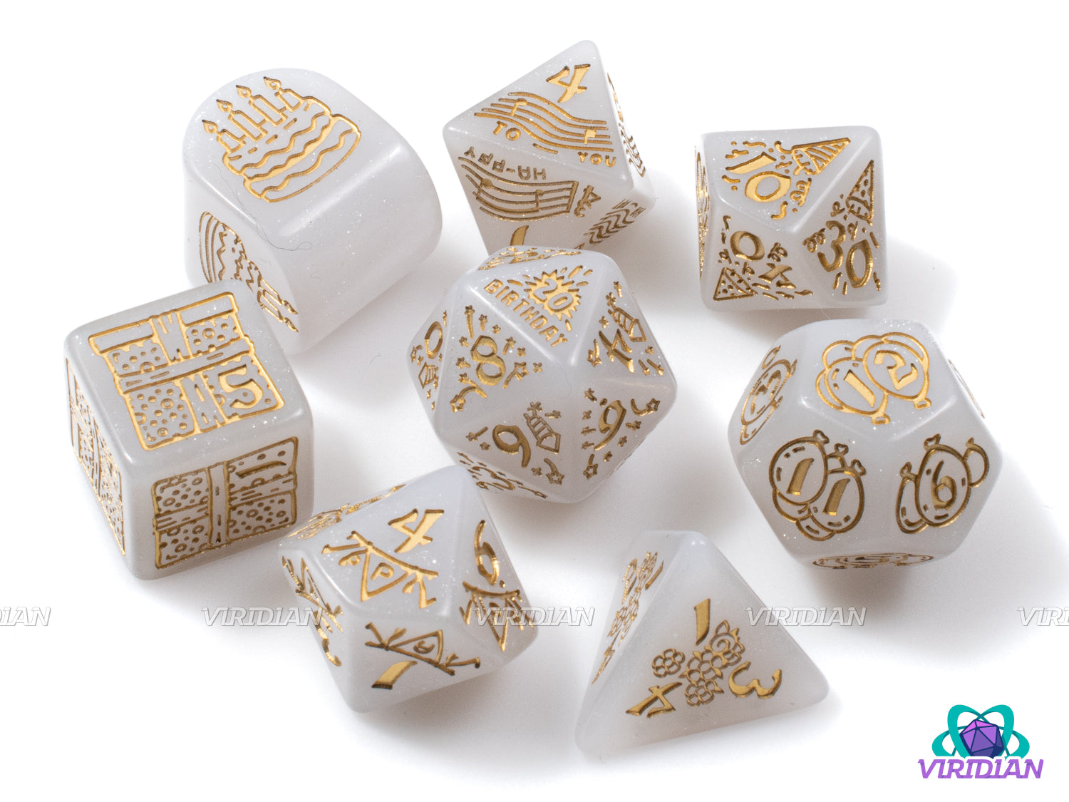 Q-Workshop 20th Anniversary: Happy Birthday! (discontinued) | Glittery White, Metallic Gold, Birthday Themed | Acrylic Dice Set (7)