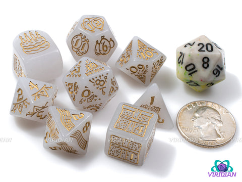 Q-Workshop 20th Anniversary: Happy Birthday! | Glittery White, Metallic Gold, Birthday Themed | Acrylic Dice Set (7)