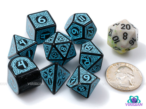 Q-Workshop 20th Anniversary: Viking | Glittery Back & Turquoise | Acrylic Dice Set (7)