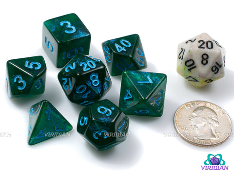 Lake Bottom | Deep Forest Green, Blue Glitter & Ink | Acrylic Dice Set (7)