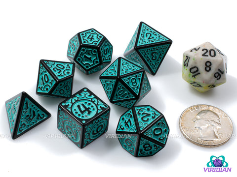 Teal Flame | Black and Turquoise Ornate Design | Acrylic Dice Set (7)