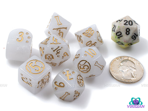 Dogs: Charlie | Dog-Themed Glittery White & Gold | Acrylic Dice Set (7)