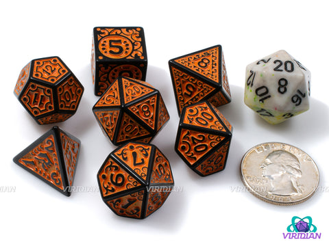 Orange Flame | Black and Orange Ornate Design | Acrylic Dice Set (7)