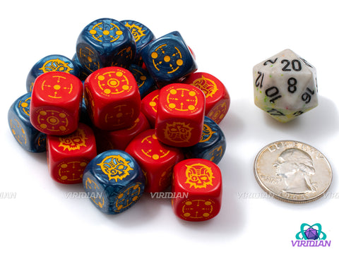 Crosshairs D6 Set | Cobalt Blue & Red Swirls, Yellow Skulls | Wargaming | Acrylic Dice Set (20)