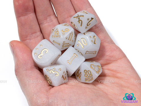 Dogs: Charlie | Dog-Themed Glittery White & Gold | Acrylic Dice Set (7)