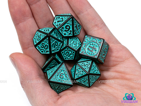 Teal Flame | Black and Turquoise Ornate Design | Acrylic Dice Set (7)