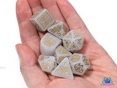 Q-Workshop 20th Anniversary: Happy Birthday! | Glittery White, Metallic Gold, Birthday Themed | Acrylic Dice Set (7)