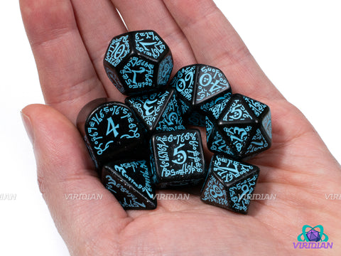 Q-Workshop 20th Anniversary: Elvish | Glittery Back & Turquoise | Acrylic Dice Set (7)