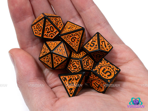 Orange Flame | Black and Orange Ornate Design | Acrylic Dice Set (7)