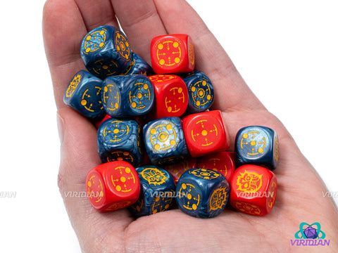 Crosshairs D6 Set | Cobalt Blue & Red Swirls, Yellow Skulls | Wargaming | Acrylic Dice Set (20)