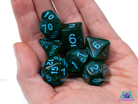 Lake Bottom | Deep Forest Green, Blue Glitter & Ink | Acrylic Dice Set (7)