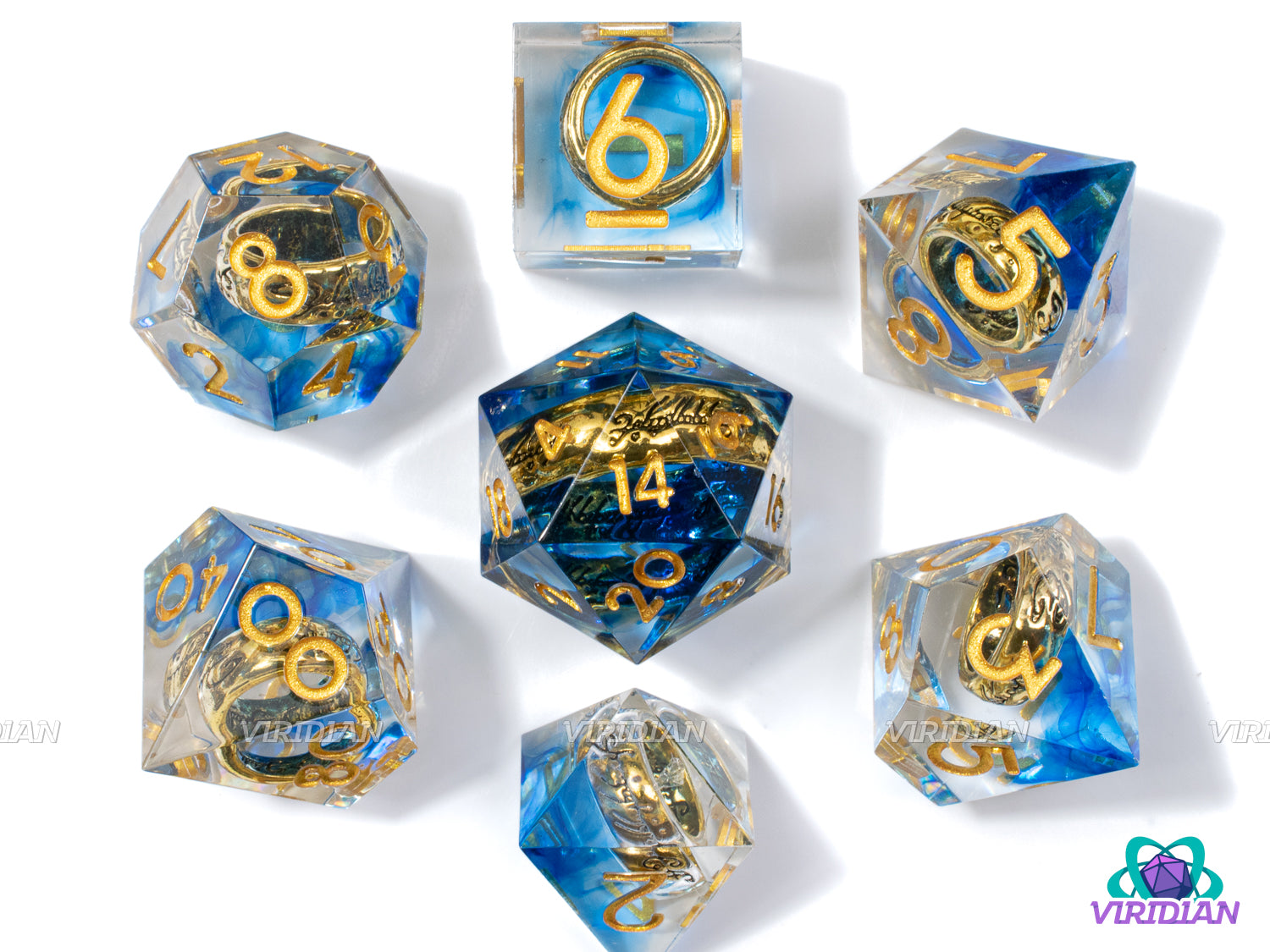 Helms Deep | Transparent Clear Sharp Edge, Blue Swirl, Gold LOTR Ring | Resin Dice Set (7)