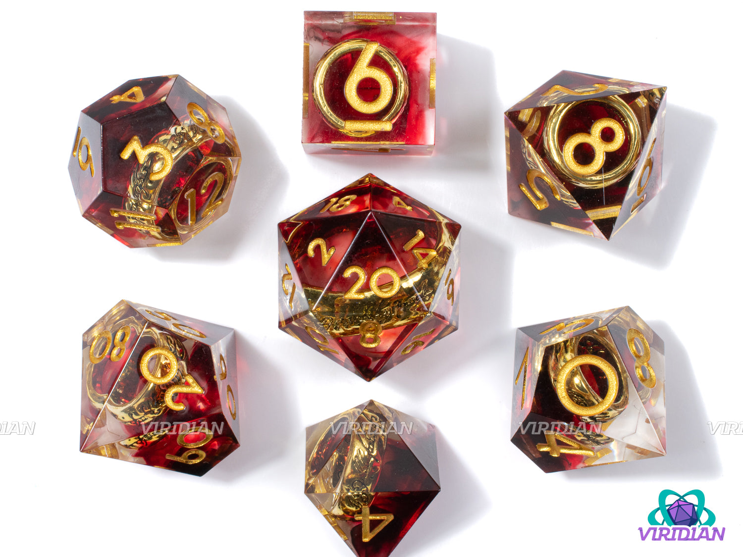 Mount Doom | Transparent Clear Sharp Edge, Red Swirl, Gold LOTR Ring | Resin Dice Set (7)