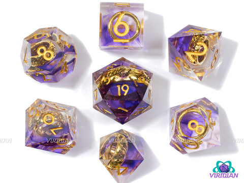 Misty Mountains | Transparent Clear Sharp Edge, Purple Swirl, Gold LOTR Ring | Resin Dice Set (7)