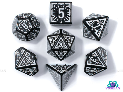 Black Night Stars | Black and White Ornate Star Design | Acrylic Dice Set (7)