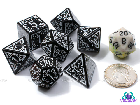 Black Night Stars | Black and White Ornate Star Design | Acrylic Dice Set (7)