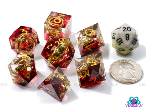 Mount Doom | Transparent Clear Sharp Edge, Red Swirl, Gold LOTR Ring | Resin Dice Set (7)