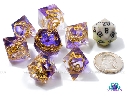 Misty Mountains | Transparent Clear Sharp Edge, Purple Swirl, Gold LOTR Ring | Resin Dice Set (7)