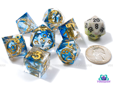 Helms Deep | Transparent Clear Sharp Edge, Blue Swirl, Gold LOTR Ring | Resin Dice Set (7)