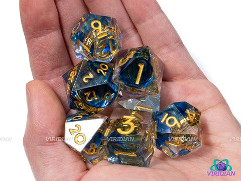 Helms Deep | Transparent Clear Sharp Edge, Blue Swirl, Gold LOTR Ring | Resin Dice Set (7)