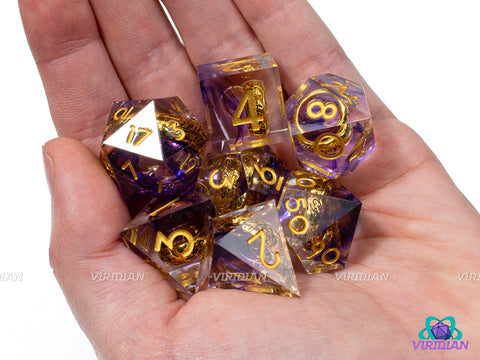 Misty Mountains | Transparent Clear Sharp Edge, Purple Swirl, Gold LOTR Ring | Resin Dice Set (7)