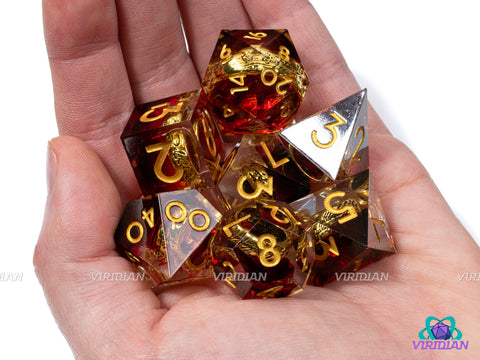 Mount Doom | Transparent Clear Sharp Edge, Red Swirl, Gold LOTR Ring | Resin Dice Set (7)