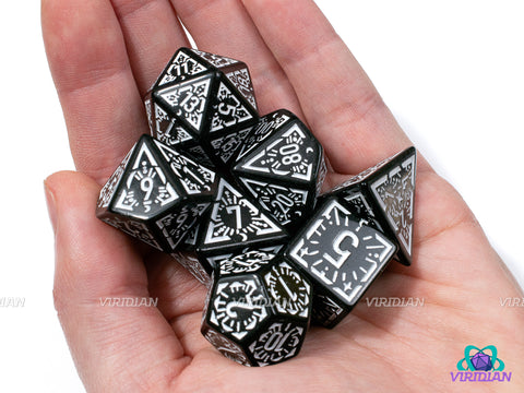 Black Night Stars | Black and White Ornate Star Design | Acrylic Dice Set (7)