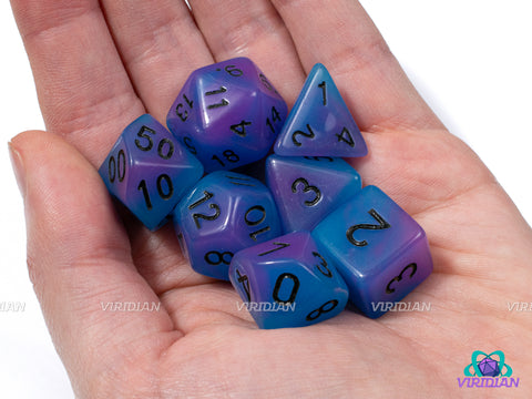 Arcane Observatory (Glow In The Dark) | Light Blue & Purple Swirls | Acrylic Dice Set (7)