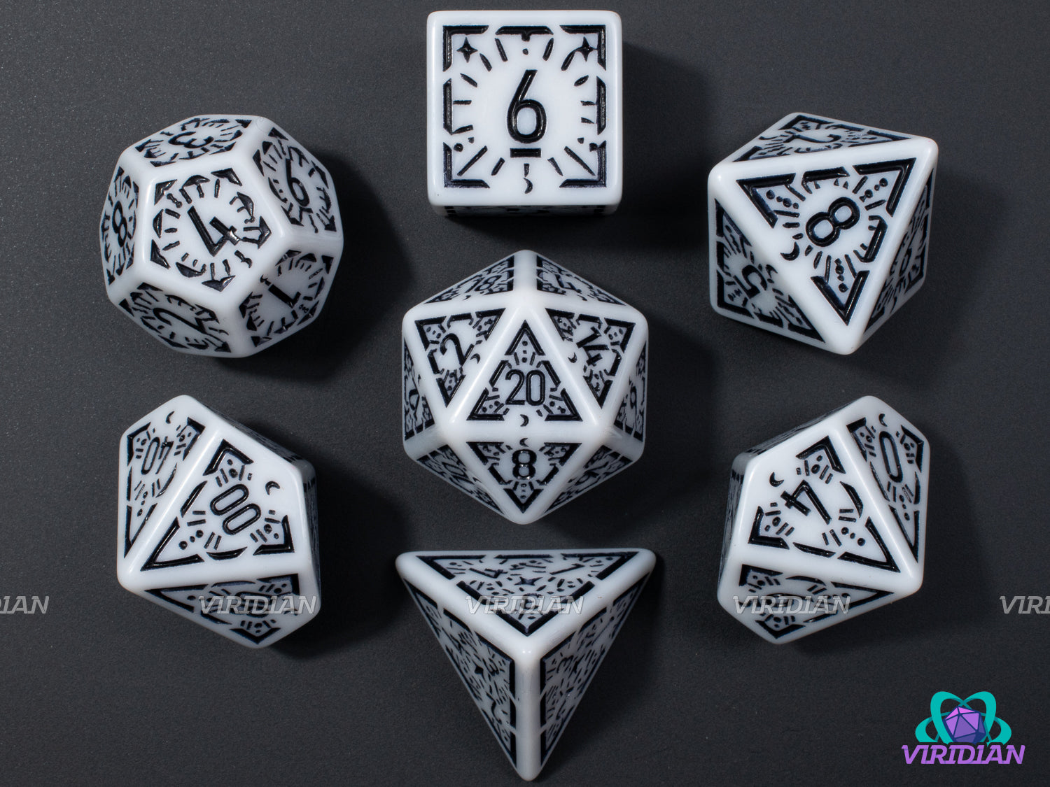 White Dawn Stars | White and Black Ornate Star Design | Acrylic Dice Set (7)