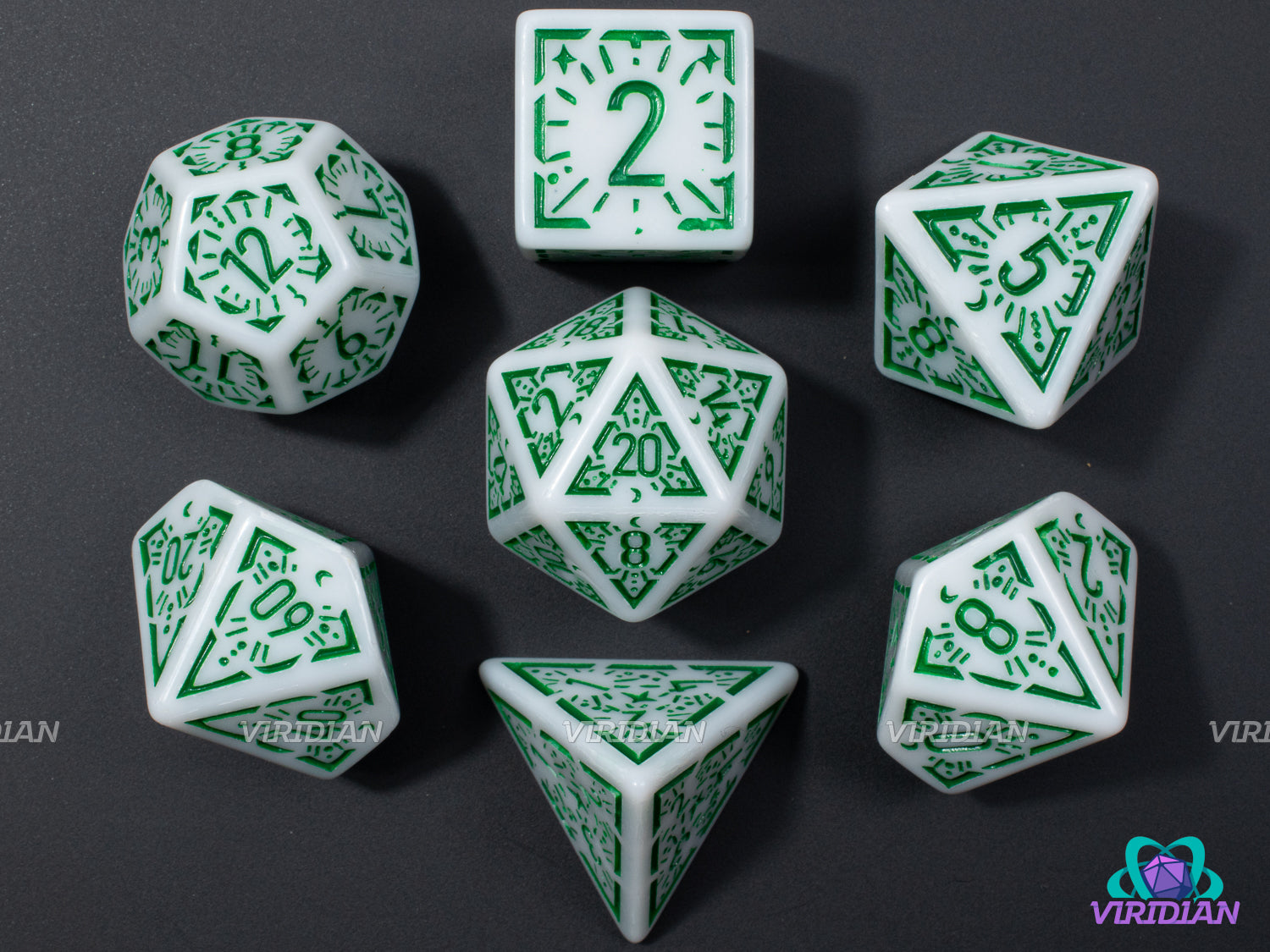 Green Dawn Stars | White and Green Ornate Star Design | Acrylic Dice Set (7)