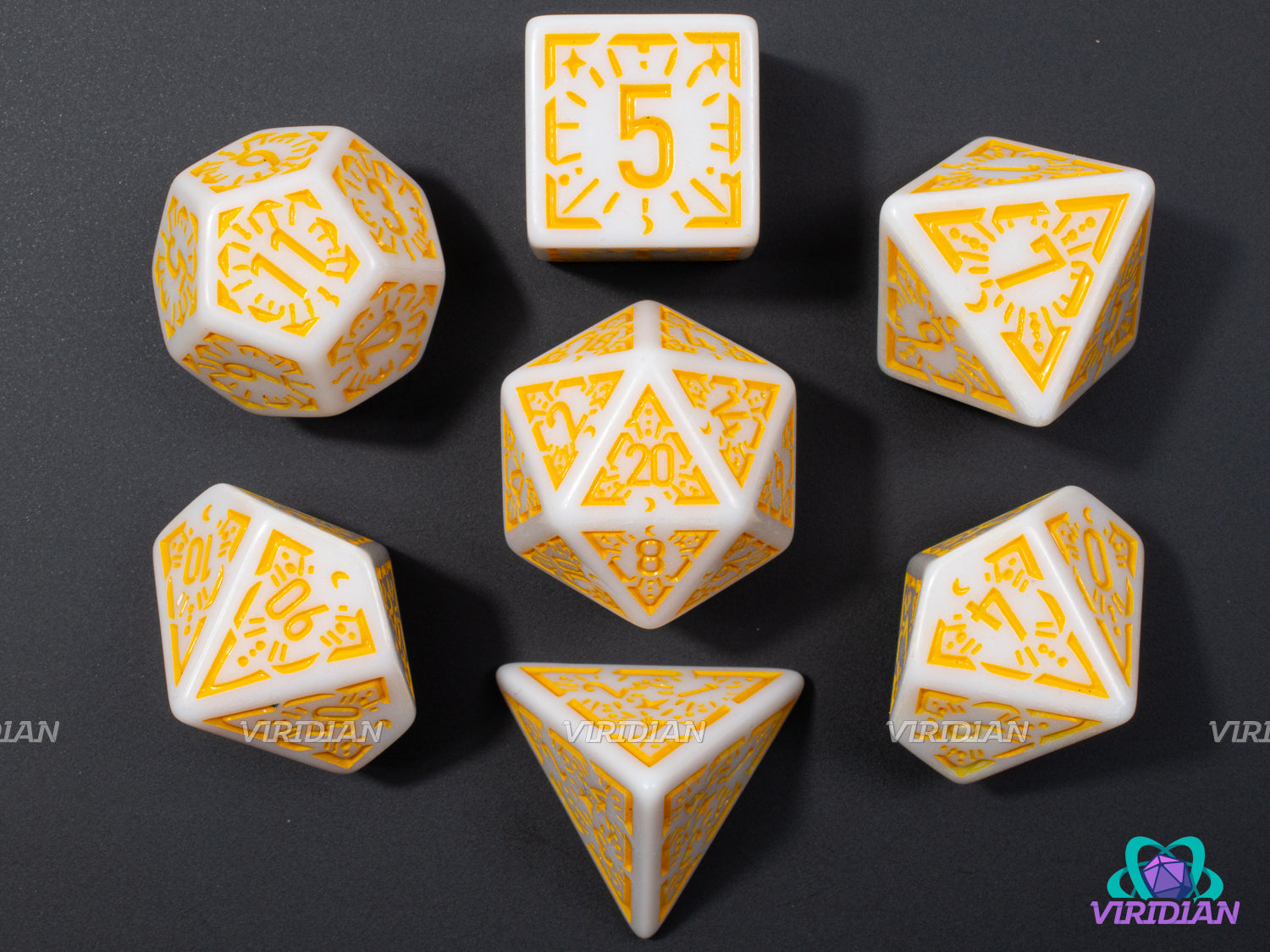 Yellow Dawn Stars | White and Golden-Yellow Ornate Star Design | Acrylic Dice Set (7)