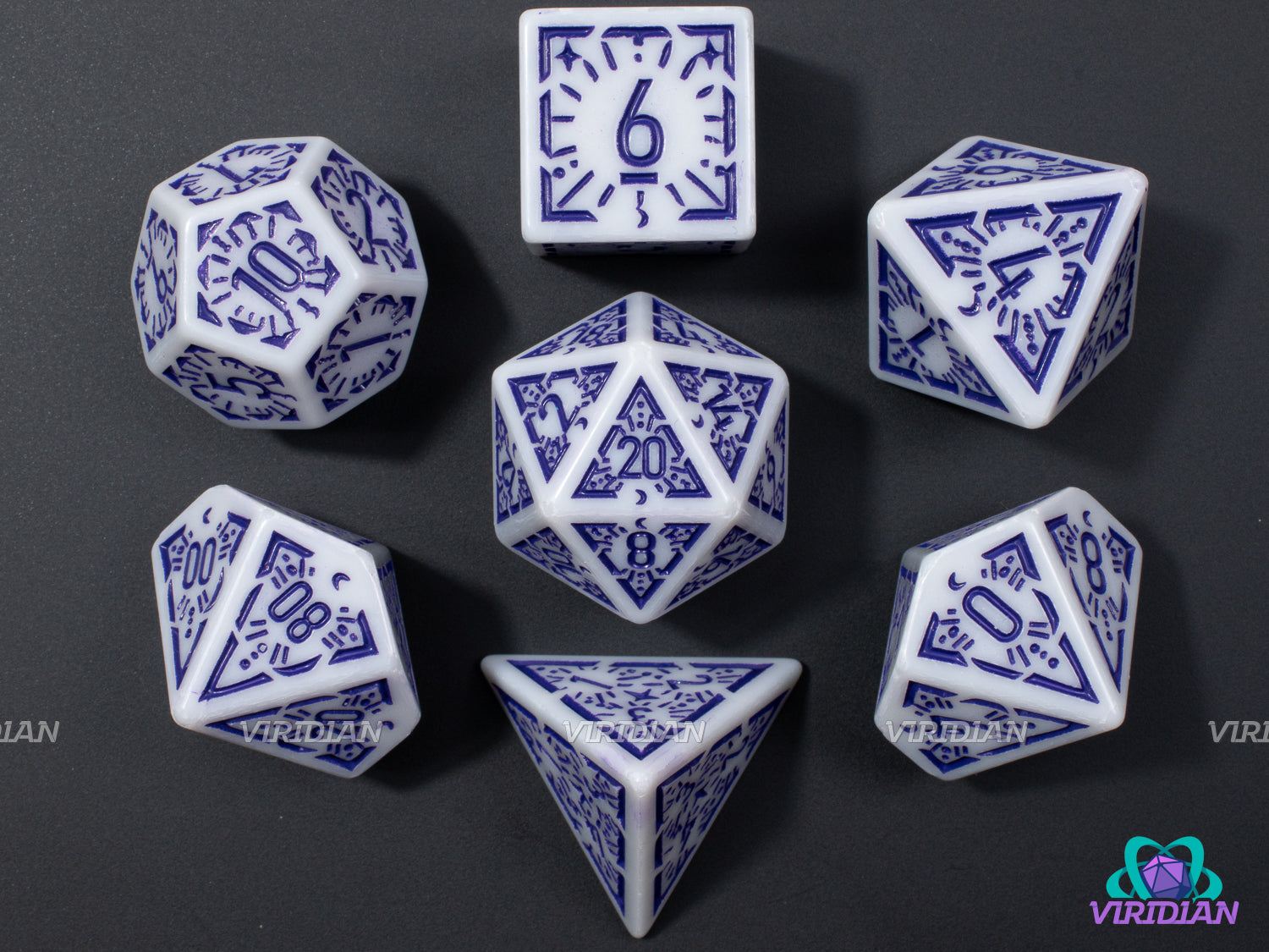 Indigo Dawn Stars | White and Purple-Blue Ornate Star Design | Acrylic Dice Set (7)