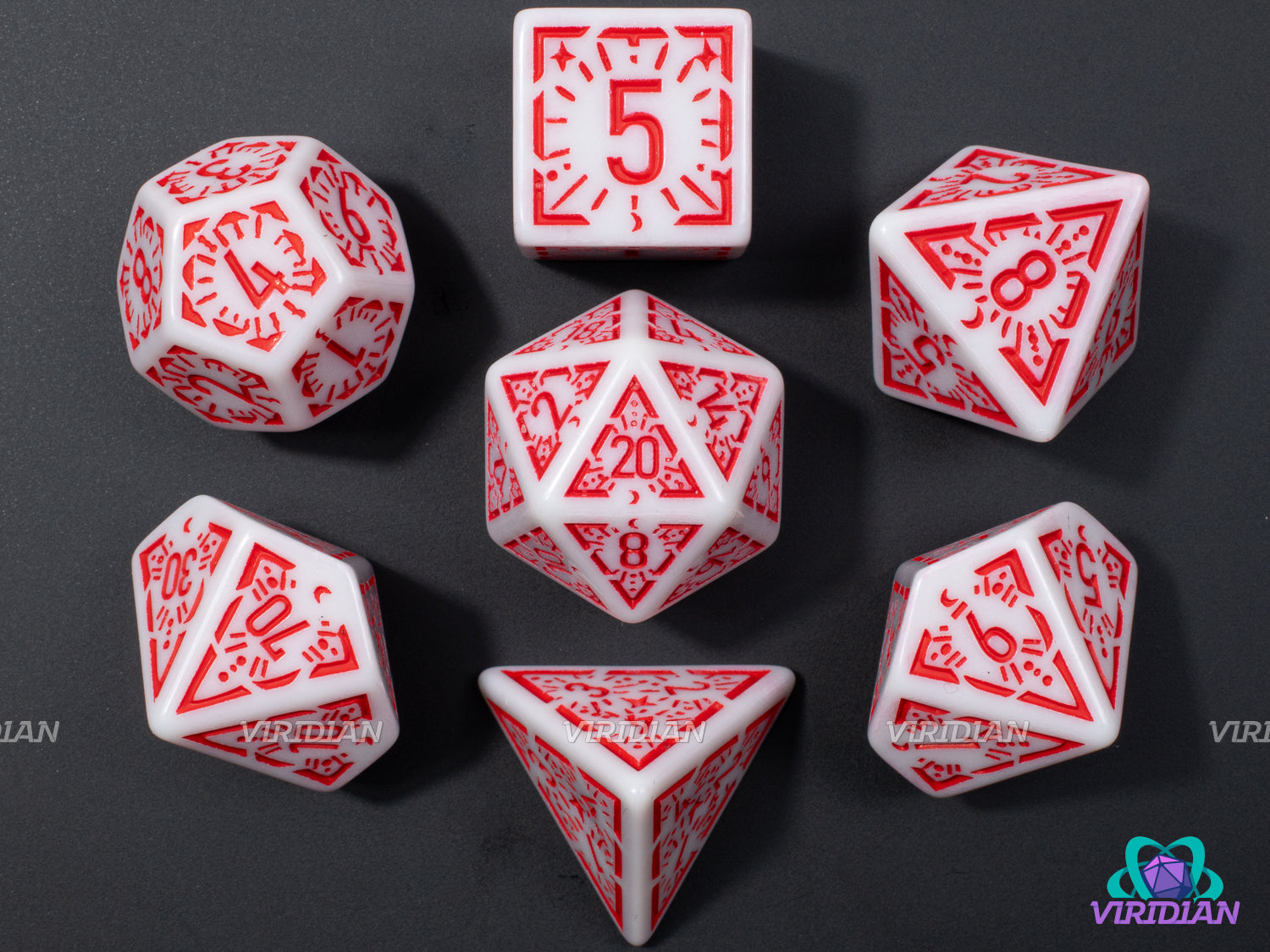 Red Dawn Stars | White and Red Ornate Star Design | Acrylic Dice Set (7)