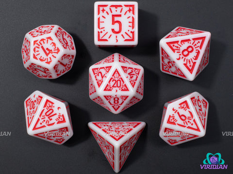 Red Dawn Stars | White and Red Ornate Star Design | Acrylic Dice Set (7)