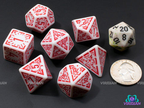 Red Dawn Stars | White and Red Ornate Star Design | Acrylic Dice Set (7)